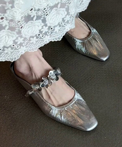 Slide Stylish Silver Leather Sandals Faux Splicing FashionChic