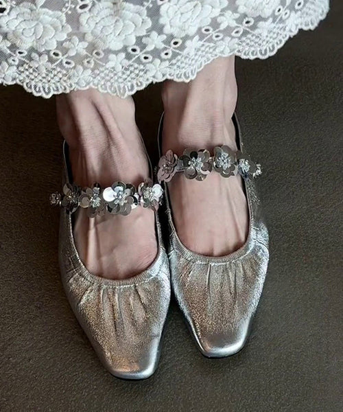 Slide Stylish Silver Leather Sandals Faux Splicing FashionChic