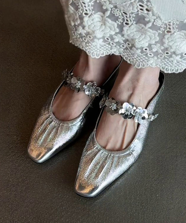 Slide Stylish Silver Leather Sandals Faux Splicing FashionChic