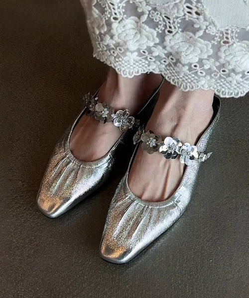 Slide Stylish Silver Leather Sandals Faux Splicing FashionChic