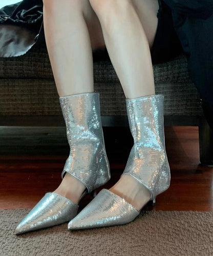 Stylish Silver Sequins Hollow Out Pointed Toe Sandals Boots OI045 shoe-XZ240801