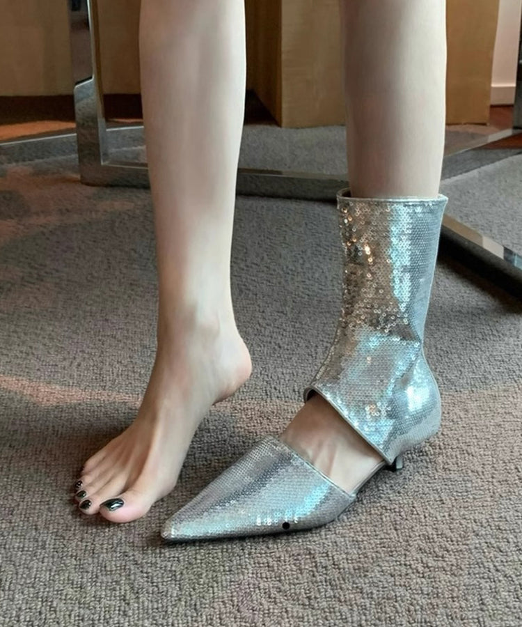 Stylish Silver Sequins Hollow Out Pointed Toe Sandals Boots OI045 shoe-XZ240801