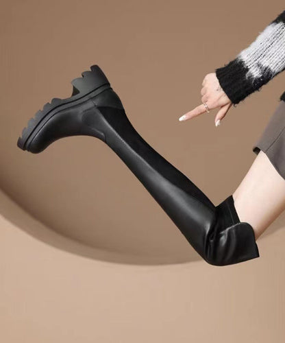 Stylish Splicing Chunky Thigh Boots Black Faux Leather WT042 shoe-XZ241030