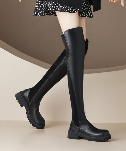 Stylish Splicing Chunky Thigh Boots Black Faux Leather WT042 shoe-XZ241030