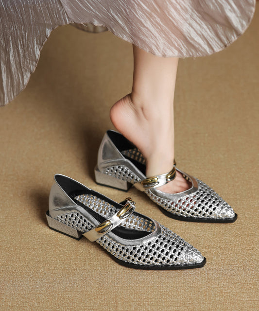Stylish Cowhide Shoes Silver Hollow Out Splicing Flat Leather FashionChic