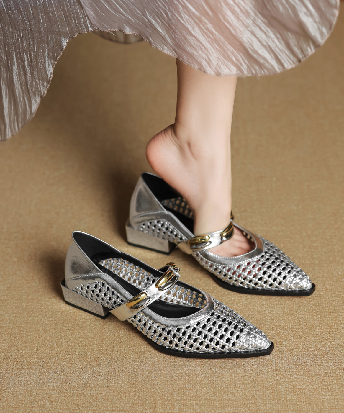 Stylish Cowhide Shoes Silver Hollow Out Splicing Flat Leather FashionChic