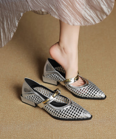 Stylish Cowhide Shoes Silver Hollow Out Splicing Flat Leather FashionChic