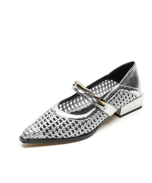 Stylish Cowhide Shoes Silver Hollow Out Splicing Flat Leather FashionChic