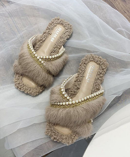 Stylish Splicing Fuzzy Fur Slippers Shoes Brown Nail Bead WT010 shoe-JTX241030