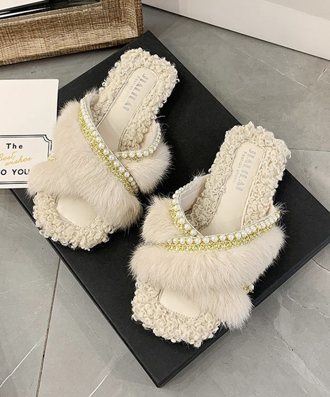 Stylish Splicing Fuzzy Fur Slippers Shoes Brown Nail Bead WT010 shoe-JTX241030