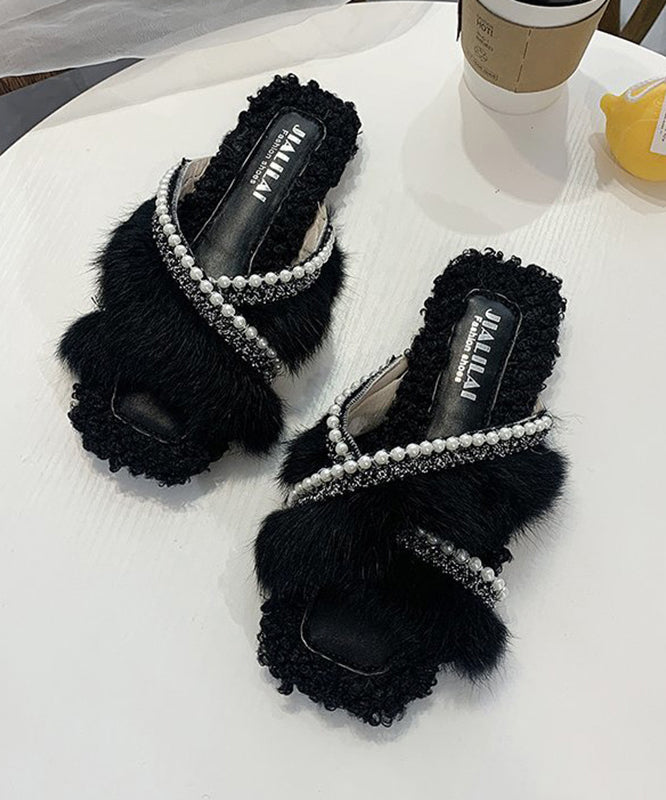 Stylish Splicing Fuzzy Fur Slippers Shoes Brown Nail Bead WT010 shoe-JTX241030