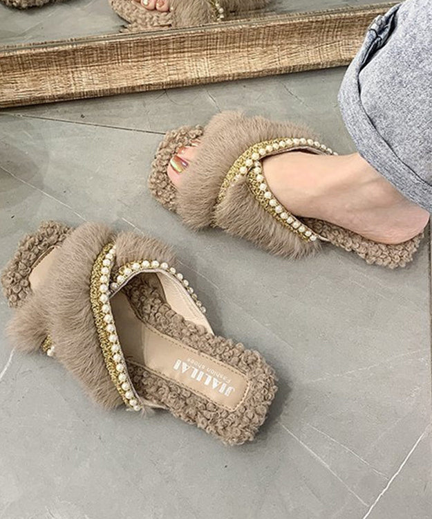 Stylish Splicing Fuzzy Fur Slippers Shoes Brown Nail Bead WT010 shoe-JTX241030