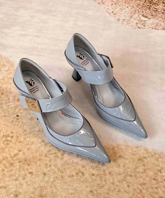 Cowhide Blue Stylish Leather Splicing Grey Pointed Toe High Heels FashionChic