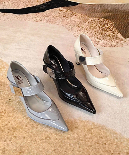 Cowhide Blue Stylish Leather Splicing Grey Pointed Toe High Heels FashionChic