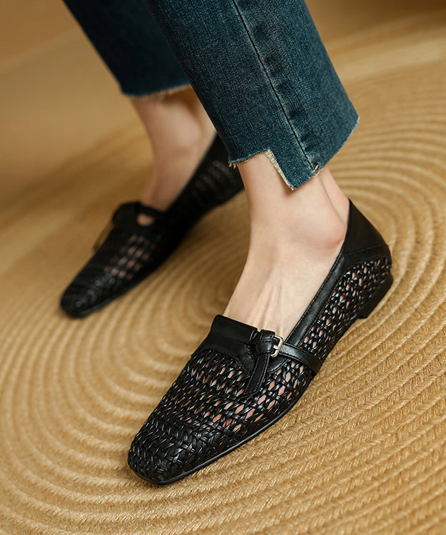 Cowhide Splicing Stylish Leather Women Loafers For Black FashionChic
