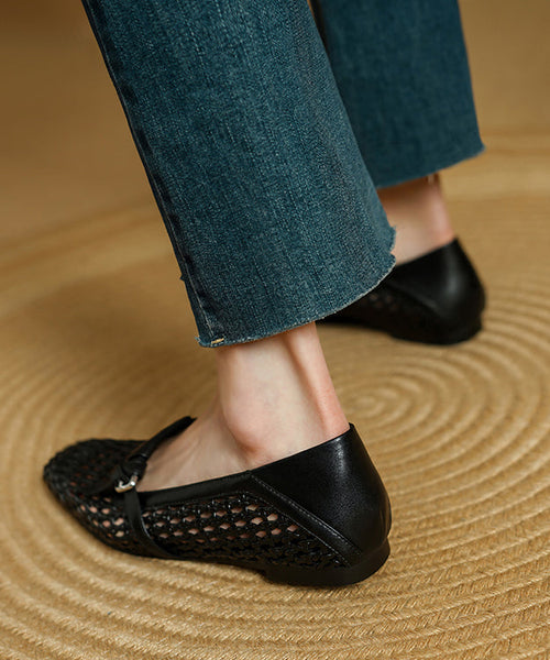 Cowhide Splicing Stylish Leather Women Loafers For Black FashionChic