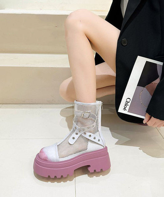 Stylish Splicing Platform Boots Pink Breathable Mesh JJ039 Shoe-XZ240609