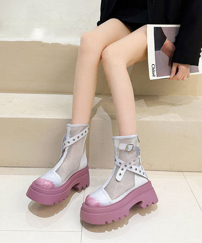 Stylish Splicing Platform Boots Pink Breathable Mesh JJ039 Shoe-XZ240609