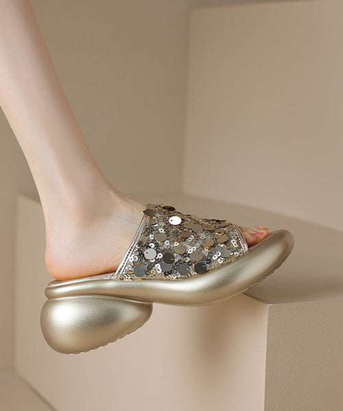 Splicing Gold Stylish Platform Peep Slide Sandals Sequins Toe FashionChic