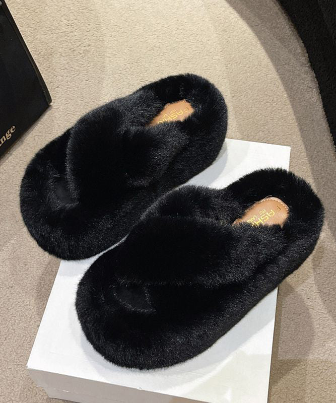 Stylish Splicing Platform Slippers Shoes Khaki Fuzzy Fur OM019 ABC