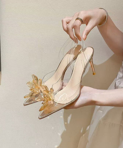 Pointed Stylish Silver Stiletto Splicing Crystal Sandals Toe FashionChic