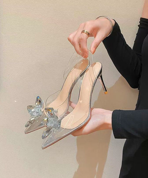 Pointed Stylish Silver Stiletto Splicing Crystal Sandals Toe FashionChic