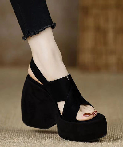 Heels Stylish Wedge Sandals Splicing Peep Black Toe Suede FashionChic