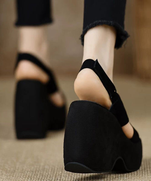 Heels Stylish Wedge Sandals Splicing Peep Black Toe Suede FashionChic