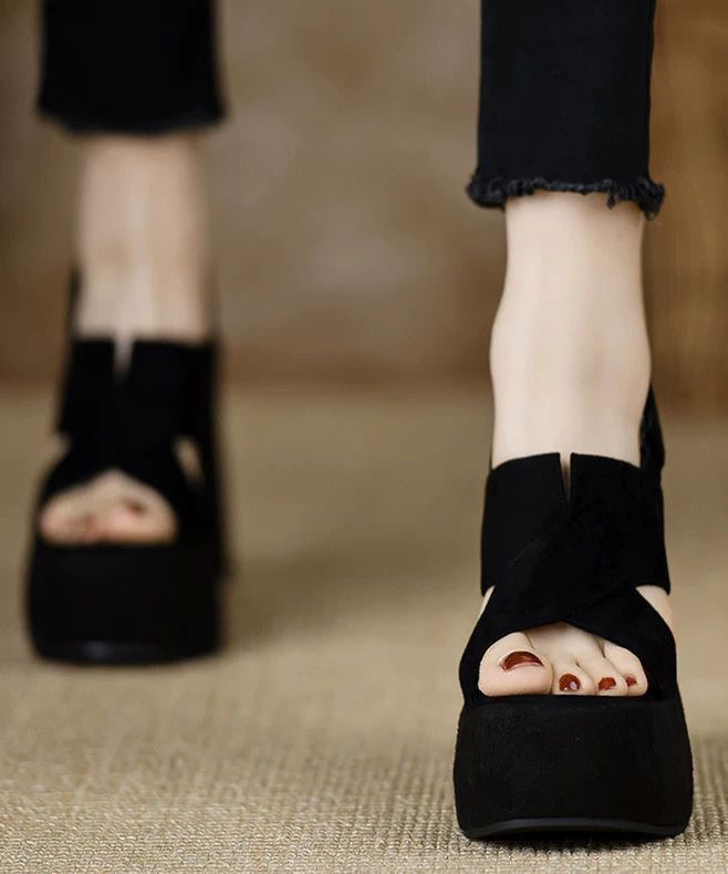 Heels Stylish Wedge Sandals Splicing Peep Black Toe Suede FashionChic
