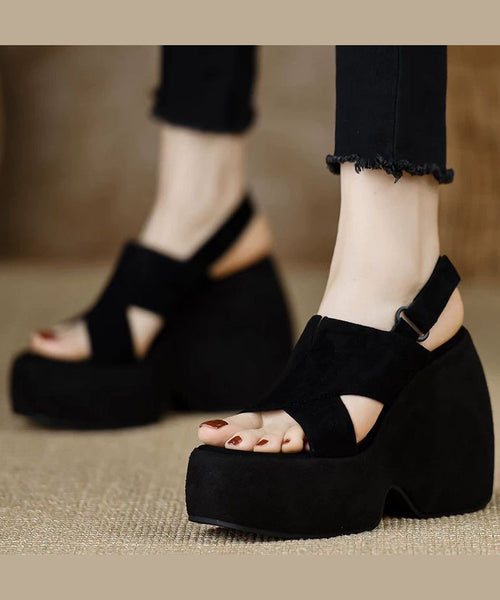 Heels Stylish Wedge Sandals Splicing Peep Black Toe Suede FashionChic