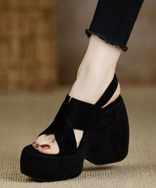 Heels Stylish Wedge Sandals Splicing Peep Black Toe Suede FashionChic