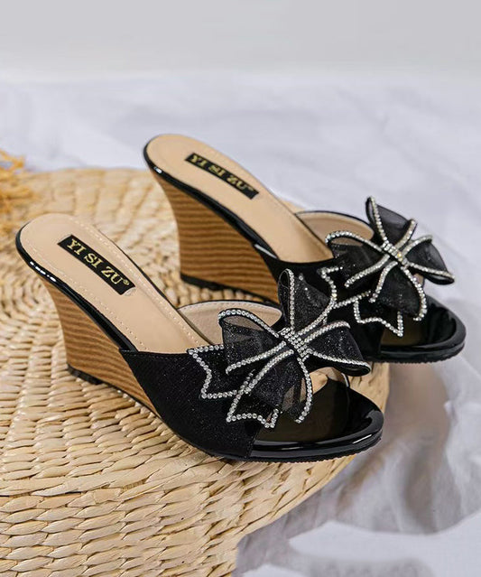 Toe Wedge Sandals Slide Stylish Black Splicing Peep Heels Bow FashionChic