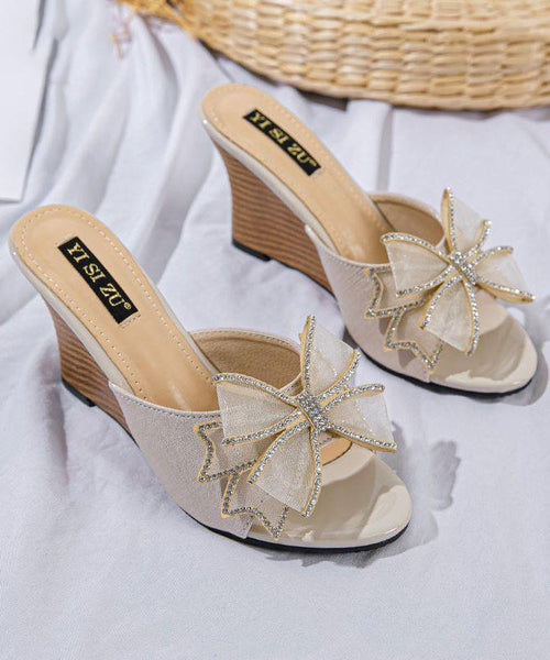 Toe Wedge Sandals Slide Stylish Black Splicing Peep Heels Bow FashionChic