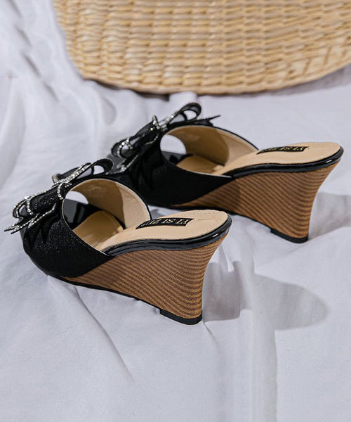 Toe Wedge Sandals Slide Stylish Black Splicing Peep Heels Bow FashionChic