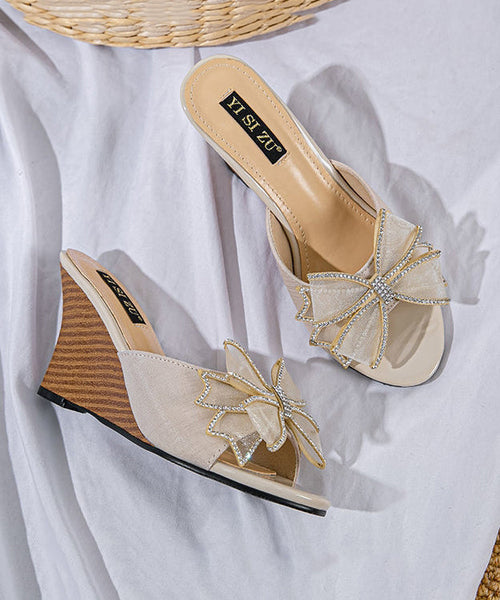 Toe Wedge Sandals Slide Stylish Black Splicing Peep Heels Bow FashionChic