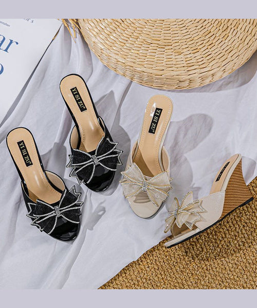 Toe Wedge Sandals Slide Stylish Black Splicing Peep Heels Bow FashionChic