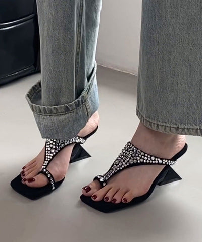 Sandals Black Suede Thong Stylish Zircon Splicing Wedge FashionChic
