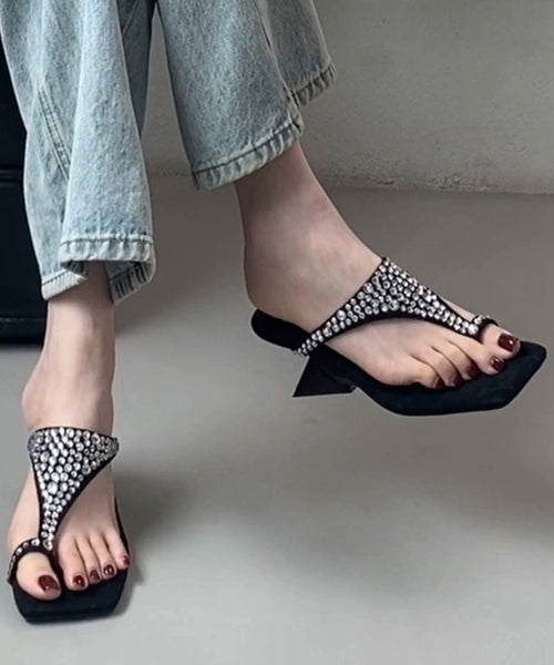 Sandals Black Suede Thong Stylish Zircon Splicing Wedge FashionChic