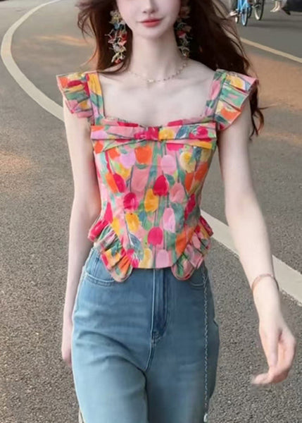 Square Summer Collar Stylish Tops Cotton Print FashionChic