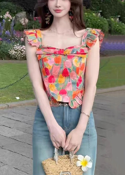 Square Summer Collar Stylish Tops Cotton Print FashionChic