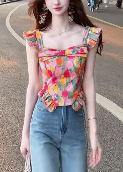 Square Summer Collar Stylish Tops Cotton Print FashionChic