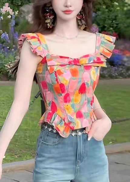 Square Summer Collar Stylish Tops Cotton Print FashionChic