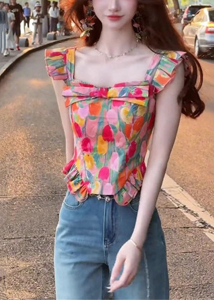 Square Summer Collar Stylish Tops Cotton Print FashionChic