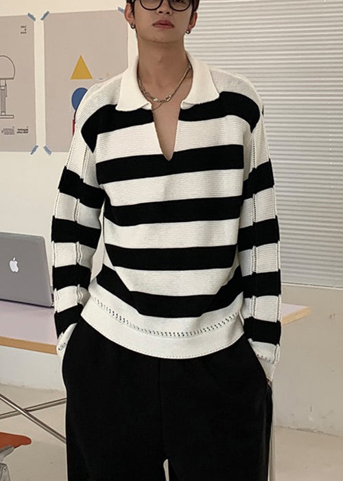 Stylish Striped Peter Pan Collar Hollow Out Knit Men Sweaters Fall QF036 MENSW241016