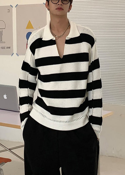 Stylish Striped Peter Pan Collar Hollow Out Knit Men Sweaters Fall QF036 MENSW241016