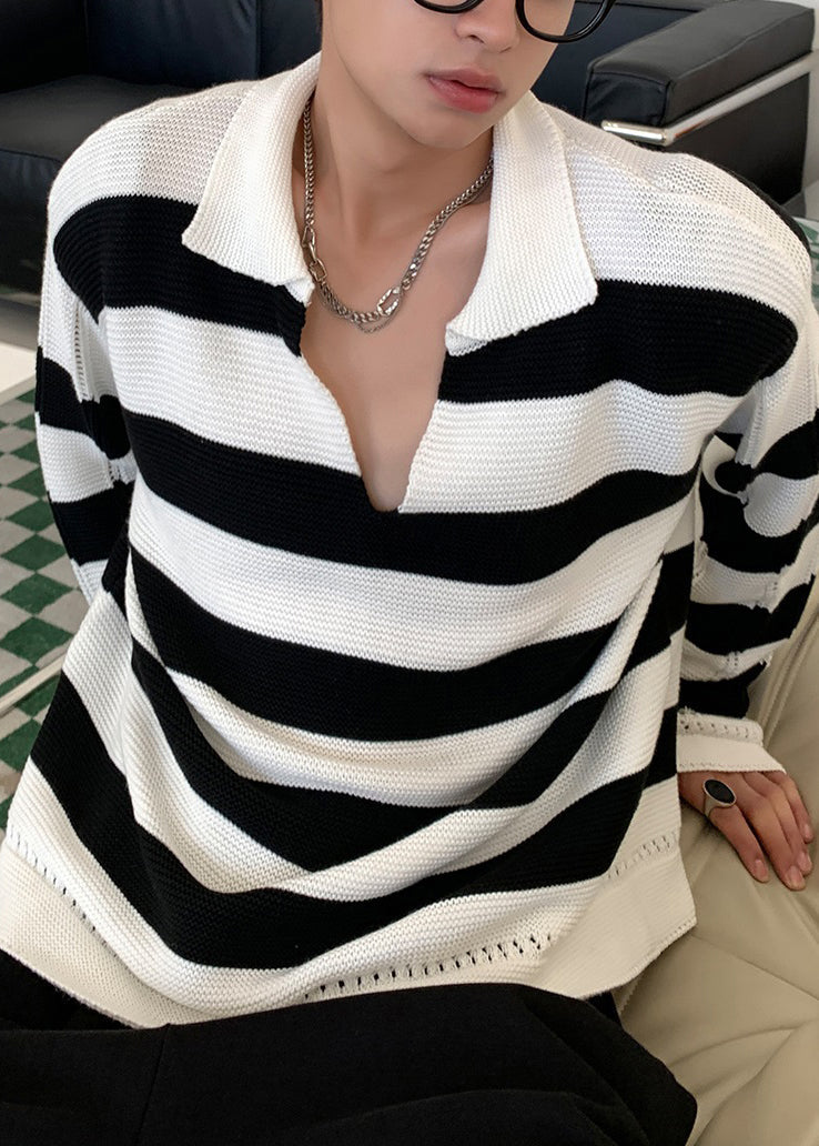Stylish Striped Peter Pan Collar Hollow Out Knit Men Sweaters Fall QF036 MENSW241016