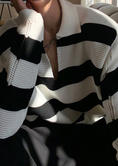 Stylish Striped Peter Pan Collar Hollow Out Knit Men Sweaters Fall QF036 MENSW241016