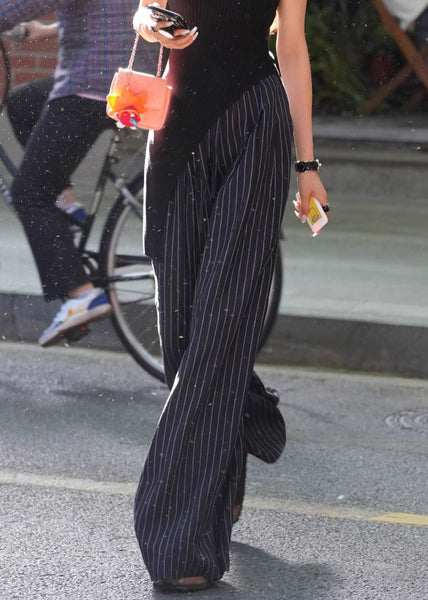 Stylish Striped Pockets High Waist Cotton Wide Leg Pants Summer PP021 OM-NZ240827