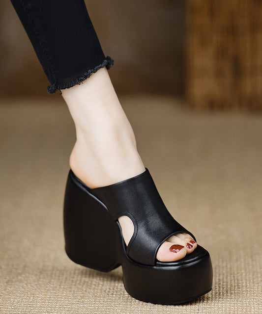 Leather Slide Stylish Heels Wedge Black Cowhide Sandals FashionChic