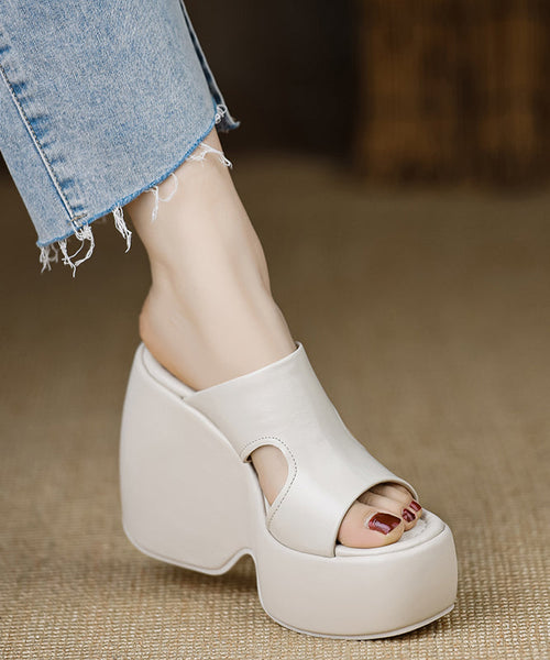 Leather Slide Stylish Heels Wedge Black Cowhide Sandals FashionChic